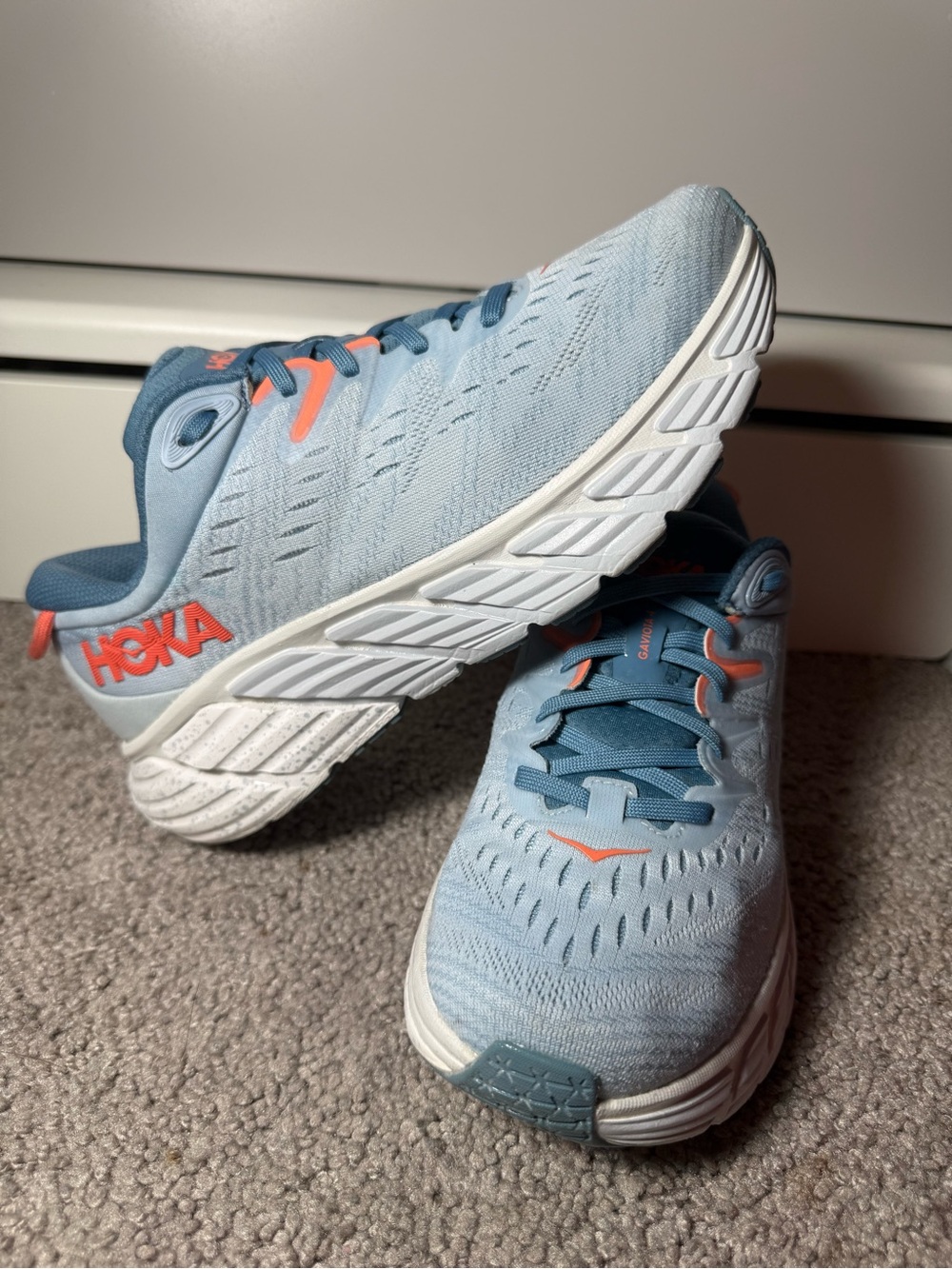 Hoka One One Womans Light Blue Sneakers with Coral Accents